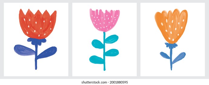 Ilustración de vectores de guardería de estilo infantil con flores coloridas dibujadas a mano sobre un fondo blanco. Pink Abstract Garden Print ideal para tarjeta, invitación, saludo, arte en la pared, afiche.