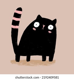 Cute Infantile Style Nursery Vector Art with Shy Blacj Cat on a Light Brown Background. Black Kitty with Pink Stripes on a Tail. Lovely Hand Drawn Kitten Print ideal for Wall Art, Poster,Cat Lovers.