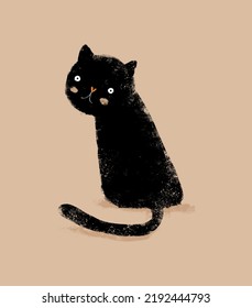 Cute Infantile Style Nursery Vector Art with Shy Black Cat on a Light Brown Background. Sweet Black Kitty Sitting Backwards. Lovely Hand Drawn Kitten Print ideal for Wall Art, Poster, Cat Lovers.