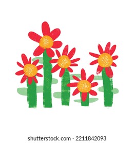 Cute Infantile Style Nursery Vector Illustration with Hand Drawn Red Flowers on a White Background. Abstract Crayon Drawing Style Garden Print ideal for Card, Invitation, Greeting, Wall Art, Poster.