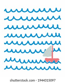 Ilustración de vectores de estilo infantil con barca de mano simple y ondas azules grunges aisladas en un fondo blanco. Tarjeta de felicitación de verano. Vacaciones de verano en un barco y en el mar. Impresión de la fiesta marina.