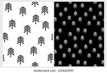 Cute Infantile Style White Christmas Trees Vector Pattern. White Winter Forest on a Black Background. Black Trees on a White Background. Funny Abstract Christmas Trees Vector Illustation. 
