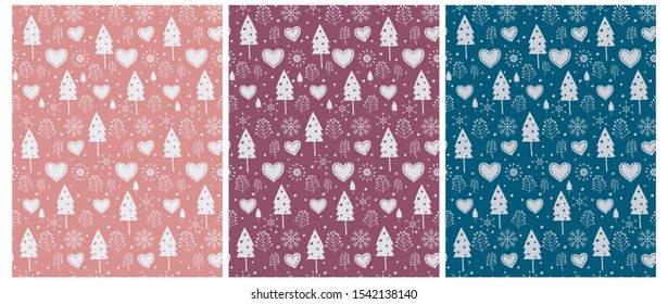 Cute Infantile Style White Christmas Trees Vector Pattern. White Trees, Twigs, Heart and Snowflakes Isolated on a Blue and Pale Red Background. Simple Winter Forest Vector Print for Wrapping Paper.
