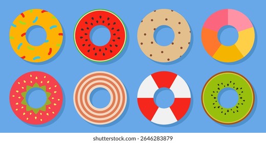 Cute inflatable ring icon set. Trendy floating swim tube collection