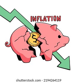 cute inflation vector with broken piggy bank and gold coin