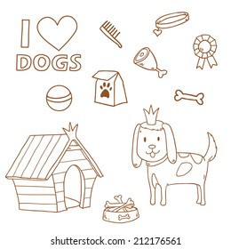 Cute infographics set with princess dog dreaming about home and friends