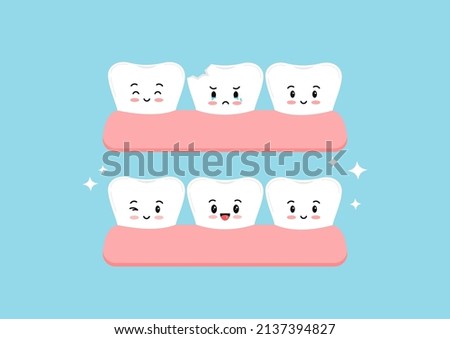 Cute injury chipped tooth and healthy tooth before, after treatment icon set. Broken teeth with problem treatment concept. Flat cartoon sad and happy character vector illustration.