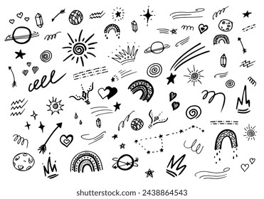 Lindos elementos de línea de lápiz de tinta. Doodle corazón, flecha, estrella, arco iris, corona, brillo símbolo de decoración conjunto icono. Enfoque de estilo de línea de boceto simple, elementos de patrón. Ilustración vectorial. Dibujado a mano.