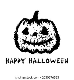 Cute ink pumpkin and text Happy Halloween icon. Black contour grunge silhouette. Front view. Vector simple flat graphic hand drawn illustration. The isolated object on a white background. Isolate.