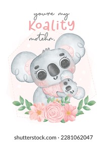 Cute innocence Australia Koala mother and baby hugging with flower wreath, Happy mother's day whimsical nursery watercolour animal cartoon hand painting