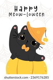 Cute innocence black cats witch on pumpkins, happy Halloween humorous cartoon animal. Idea for Halloween greeting card, invitation and more.