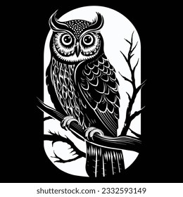 cute innocent owl on tree vector character, black and white.