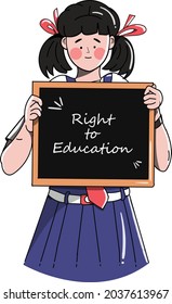 A cute and innocent school girl is holding a slate in her uniform that saying, 'right to education'.