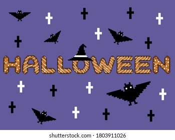 The cute inscription "Halloween" is written with cookies on a purple background in the old style. 8 bit vector pixel art lettering with cross, bat and witch hat. Elements for video games, stickers.