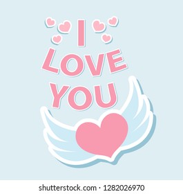 Cute the inscription love, heart in the wings icon, flat, cartoon style. Isolated on blue background. Vector illustration