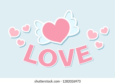 Cute the inscription love, heart in the wings icon, flat, cartoon style. Isolated on blue background. Vector illustration