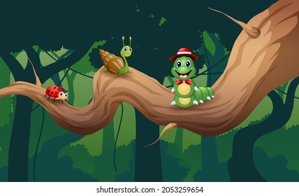 Cute insect animals on the tree branch illustration