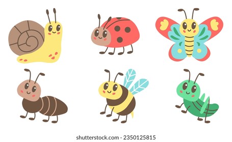 Geruchige Insekten-Babys. Karton-Doodle-Stil, Funny-Bugs-Illustration auf weißem Hintergrund.