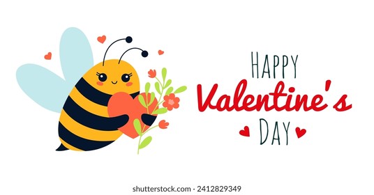 Cute insect bee with heart for Valentine day, cartoon character vector illustration