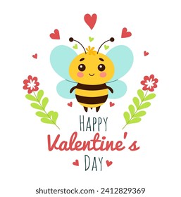Cute insect bee with heart for Valentine day, cartoon character vector illustration