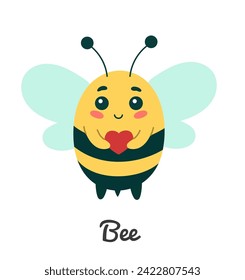 Cute insect bee with heart for Valentine day, cartoon character vector illustration