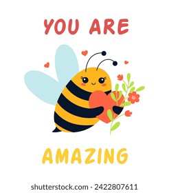 Cute insect bee with lettering you are amazing, cartoon character vector illustration