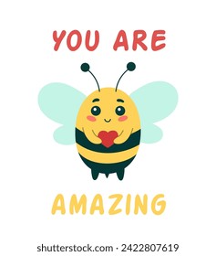 Cute insect bee with lettering you are amazing, cartoon character vector illustration