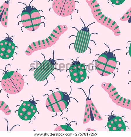 Cute insect bug green and pink seamless pattern. Stink bugs, beetles, caterpillars on light pastel background. Minimal nursery kids doodle print. Colorful forest creatures for funny summer design.