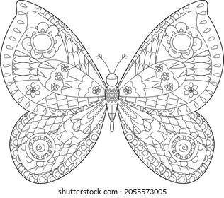 Cute insect butterfly. Doodle style, black and white background. Funny animal, coloring book pages. Hand drawn illustration in zentangle style for children and adults, tattoo.