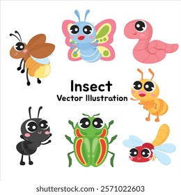 Cute Insect Cartoon Vector Clip Art Set - Hand-drawn Collection Featuring Bee, Butterfly, Caterpillar, Ant, Worm, Green Beetle, and Dragonfly - Perfect for Children’s Learning Materials