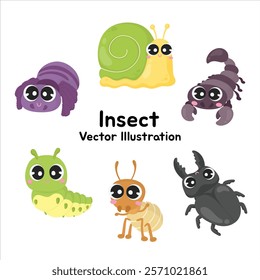 Cute Insect Cartoon Vector Illustration Set - Hand-drawn Collection Featuring Snail, Caterpillar, Scorpion, Ant, Spider, and Stag Beetle - Perfect for Kids’ Learning Materials, DIY Crafts