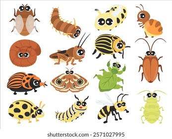 Cute Insect Cartoon Vector Illustration Set - Hand-drawn Collection Featuring Beetles, Moths, Caterpillar, Ladybug, Cricket, Cockroach, Ant, Aphid, Pill Bug, and Centipede - Perfect for Kids’ Learning