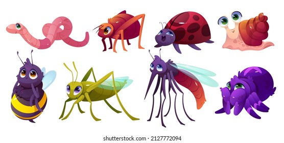 Cute insect characters, ant, bee, spider, grasshopper, ladybug, worm and snail. Vector cartoon set of funny bugs, beetles, ladybird, mosquito and earthworm isolated on white background