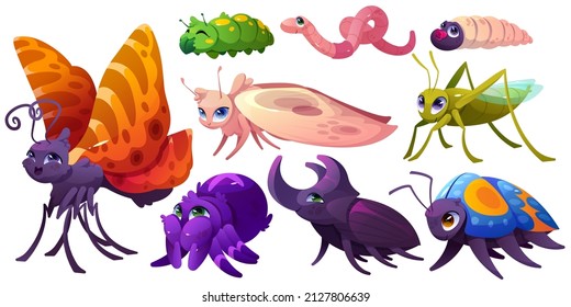 Cute insect characters, butterfly, caterpillar, spider, grasshopper, moth, worm and snail. Vector cartoon set of funny bugs, rhinoceros beetle, earthworm and maggot isolated on white background