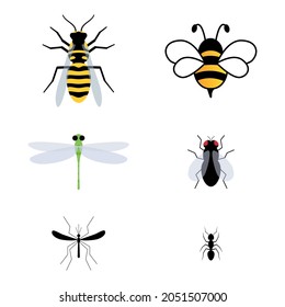 Cute insect characters set. Adorable bee, wasp, ant, dragonfly, fly and mosquito. Vector isolate on white