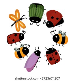 Círculo lindo del insecto con los bichos de la historieta. Marco de Vector redondo con mariquita, abeja y mariposa. Colección de carácter divertido para el diseño de los niños, impresiones de vivero y decoración de la naturaleza