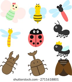 Colección linda del insecto con la mariposa, la abeja, la libélula, la mariquita, la hormiga, el escarabajo, y la cigarra en estilo plano del Vector