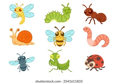 Cute insect collection featuring caterpillars, bees, snails, and ladybugs, symbolizing biodiversity and nature’s beauty. Suitable for educational, environmental, and nature-themed designs.