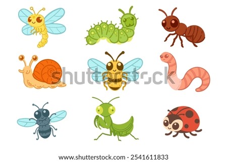 Cute insect collection featuring caterpillars, bees, snails, and ladybugs, symbolizing biodiversity and nature’s beauty. Suitable for educational, environmental, and nature-themed designs.