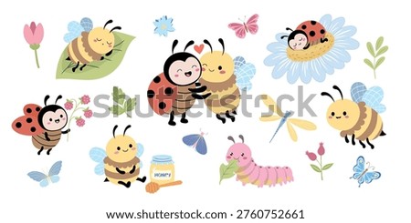 Cute insect collection with happy bees, ladybugs and butterflies for kids design. Sweet garden bugs characters set with flowers, berries, leaves. Nursery elements