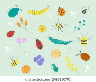 Cute Insect and Flower Illustration on Green Background - Perfect for Kids' Projects and Educational Materials. Hand drawn.