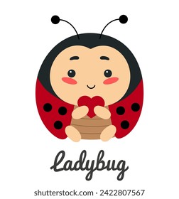 Cute insect ladybug with heart, cartoon character vector illustration