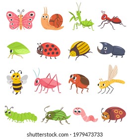 Cute insect set. Cartoon bug, beetle, butterfly,worm. Funny snail and ant. Happy smiling insect vector illustration set.