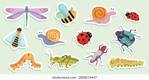 Cute Insect Sticker Collection Vector Set | Dragonfly, Bee, Snail, Ladybug, Beetle, Grasshopper, Caterpillar