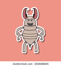 Cute Insektenaufkleber mit bösem Termite Cartoon. rosafarbener Hintergrund. Zeichen, Symbol, Maskottchen, Vektorgrafik und Illustration. 