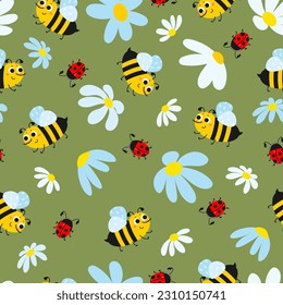 Cute insect summer seamless pattern. Bees and ladybug with flowers on a green background. Cartoon flat vector illustration.