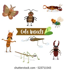 Cute Insects Animal cartoon on white background. Set 1.