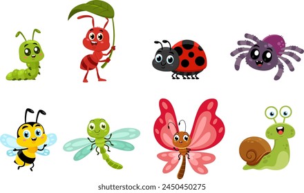 Cute Insects Animals Cartoon Characters. Vector Flat Design Collection Set Isolated On Transparent Background