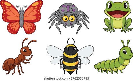 Cute insects and animals cartoon set, butterfly spider bee ant caterpillar frog, colorful characters, kids illustration, nature creatures, playful design collection