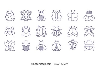 cute insects animals small fauna in thin line icons vector illustration